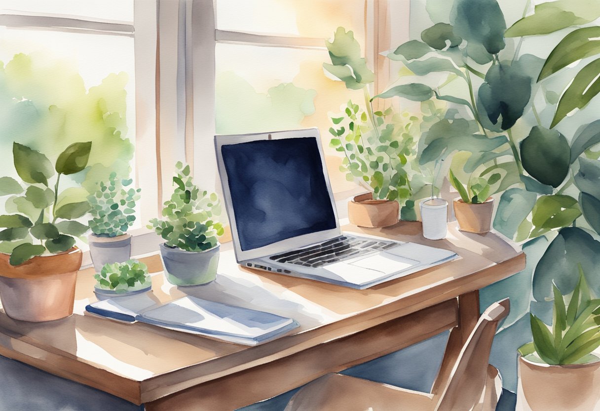 A desk with a laptop and a calendar, surrounded by plants and a yoga mat. Sunlight streams in through a window, creating a peaceful and harmonious workspace