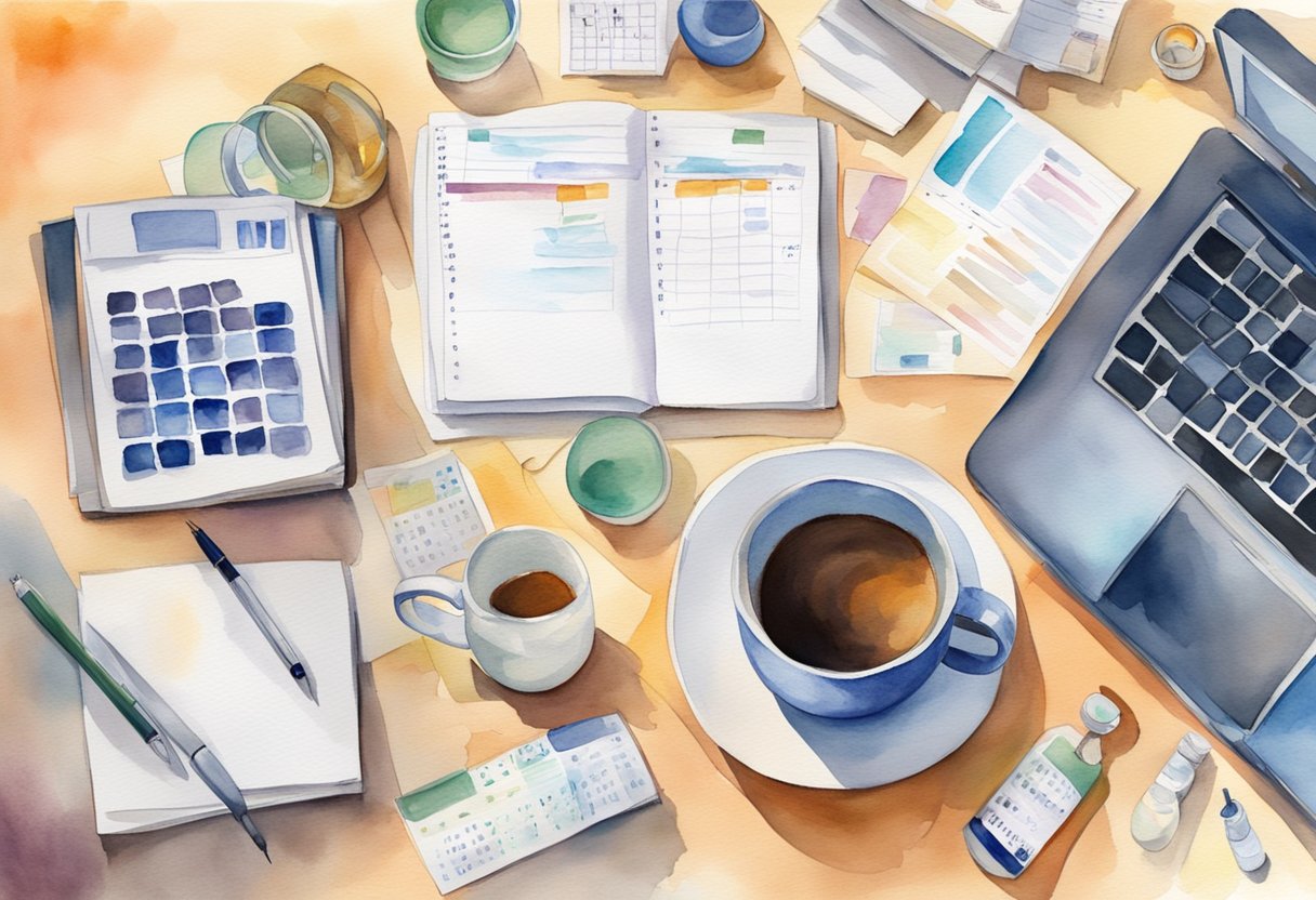 A desk cluttered with work documents, a calendar with doctor appointments, and a laptop displaying emails. A mug of tea and a bottle of medication sit nearby
