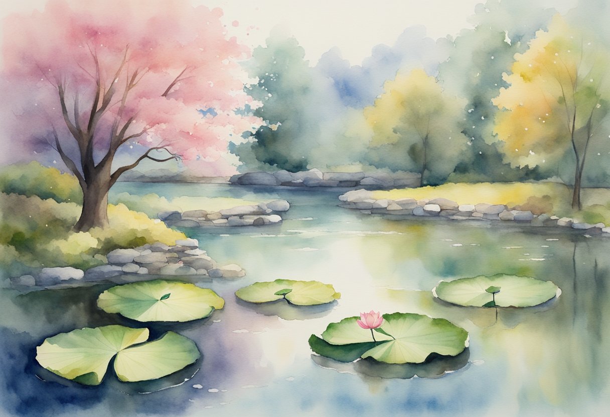 A serene garden with a blooming lotus, a peaceful pond, and a lone tree standing tall in the midst of changing seasons