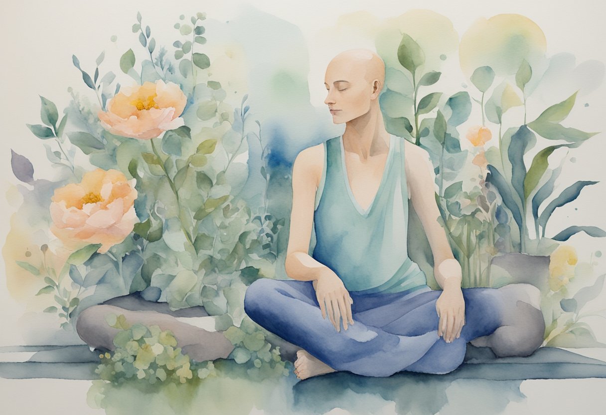 A serene figure sits in quiet contemplation, surrounded by symbols of mortality and growth, reflecting on the impact of cancer on mental health
