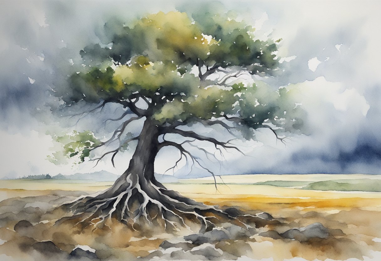 A lone tree stands tall amidst a storm, its roots firmly planted in the rocky ground. Despite the harsh winds and rain, it remains unyielding, a symbol of resilience