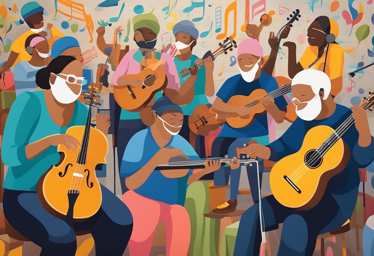 A group of cancer survivors engage in a music therapy session, creating a supportive and uplifting atmosphere. Instruments and musical notes fill the room, symbolizing the healing power of music in cancer care