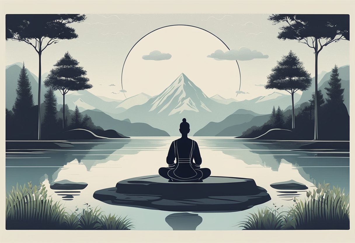 A serene setting with a person meditating, surrounded by nature and a sense of calm and tranquility