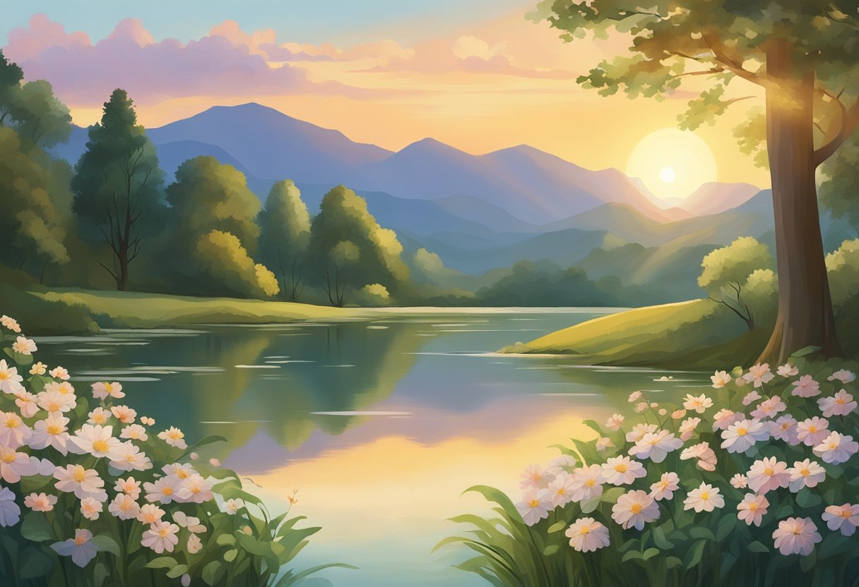 A serene landscape with a calm body of water, surrounded by lush greenery and blooming flowers. The sun is setting, casting a warm glow over the scene