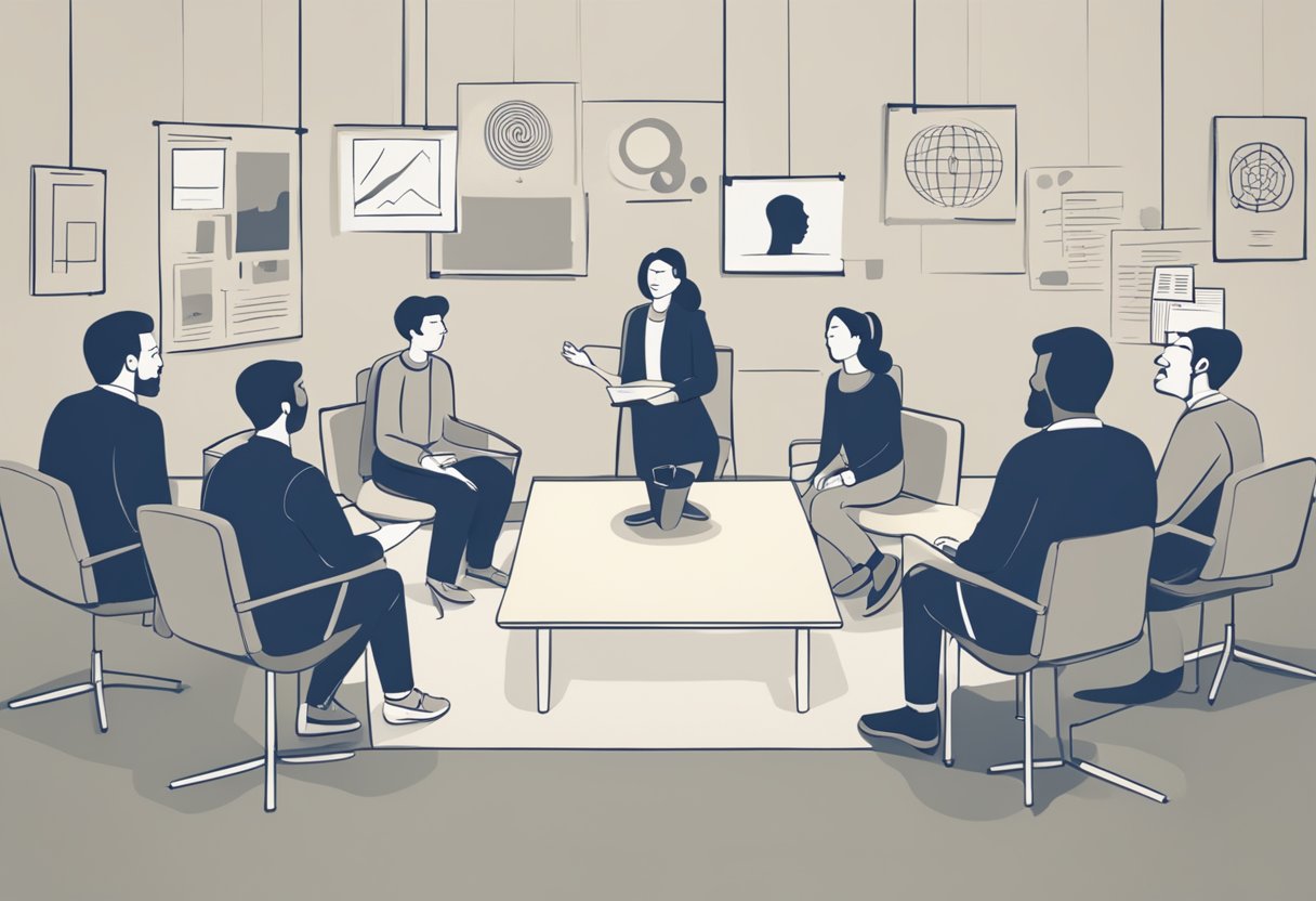 A group of people engaging in a discussion, with some expressing skepticism and others presenting challenges to the concept of Mindfulness-Based Cognitive Therapy