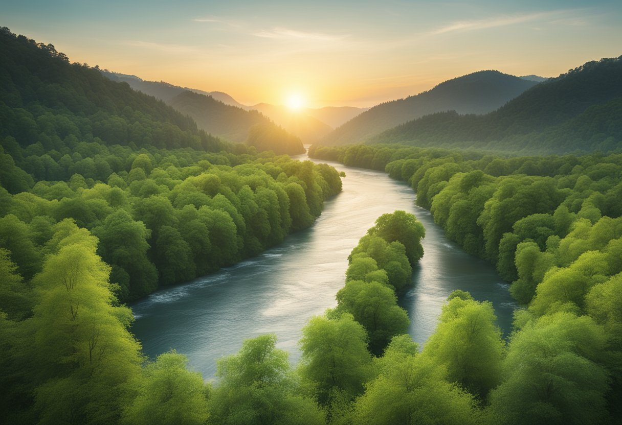 A serene landscape with a peaceful river flowing through a lush green forest, with the sun setting in the distance, creating a calm and tranquil atmosphere