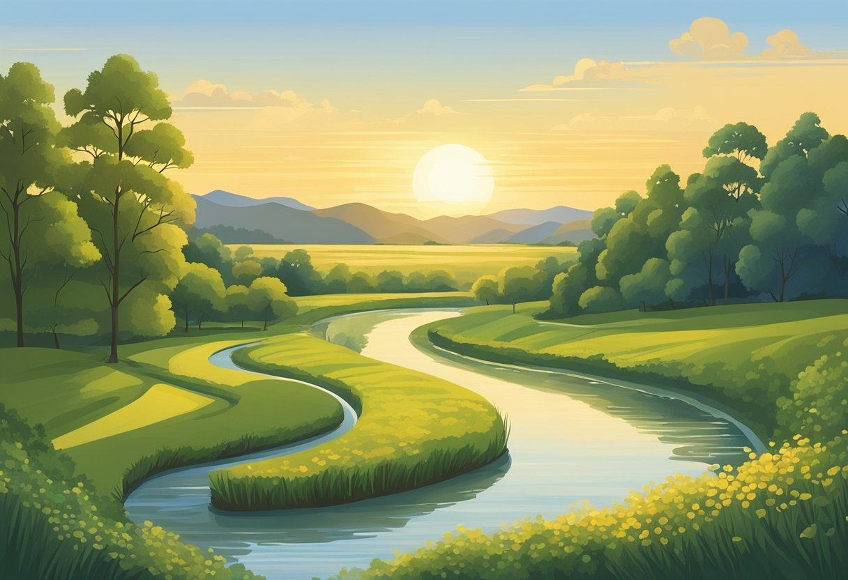A serene landscape with a winding river, lush greenery, and a clear blue sky. The sun is setting, casting a warm, golden glow over the scene