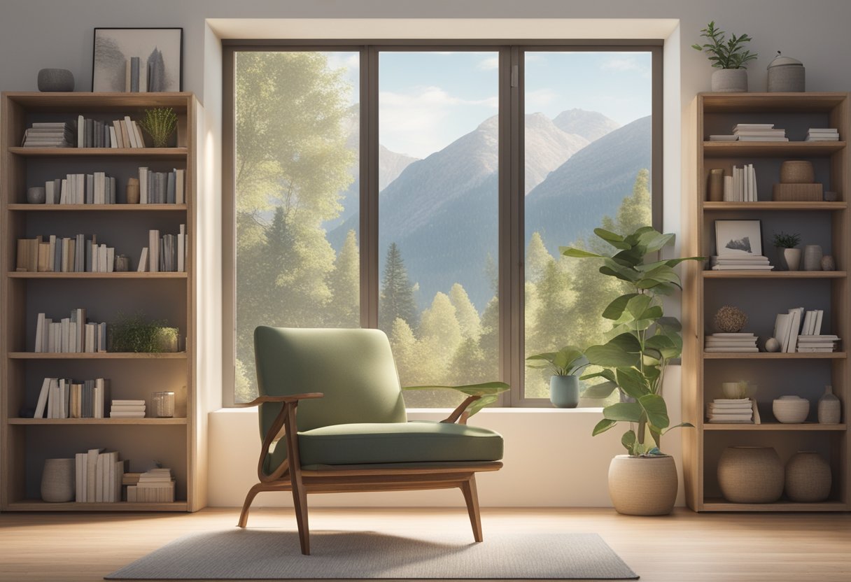 A serene room with a comfortable chair, soft lighting, and a peaceful atmosphere. A bookshelf filled with mindfulness resources and a calming nature scene on the wall