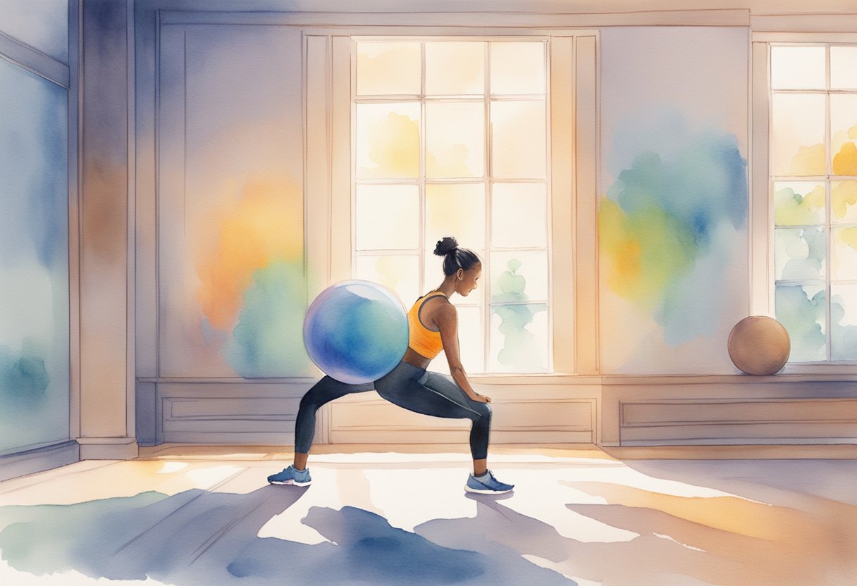 A person engaging in low-impact exercise, utilizing resistance bands and a stability ball. A serene environment with soft lighting and calming music