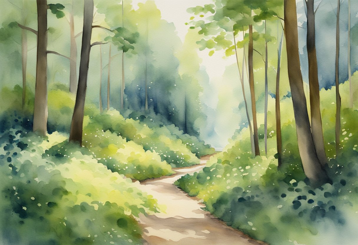 A serene forest with a winding path, dappled sunlight, and a tranquil stream, evoking peace and rejuvenation for mindfulness and fatigue relief in cancer survivorship
