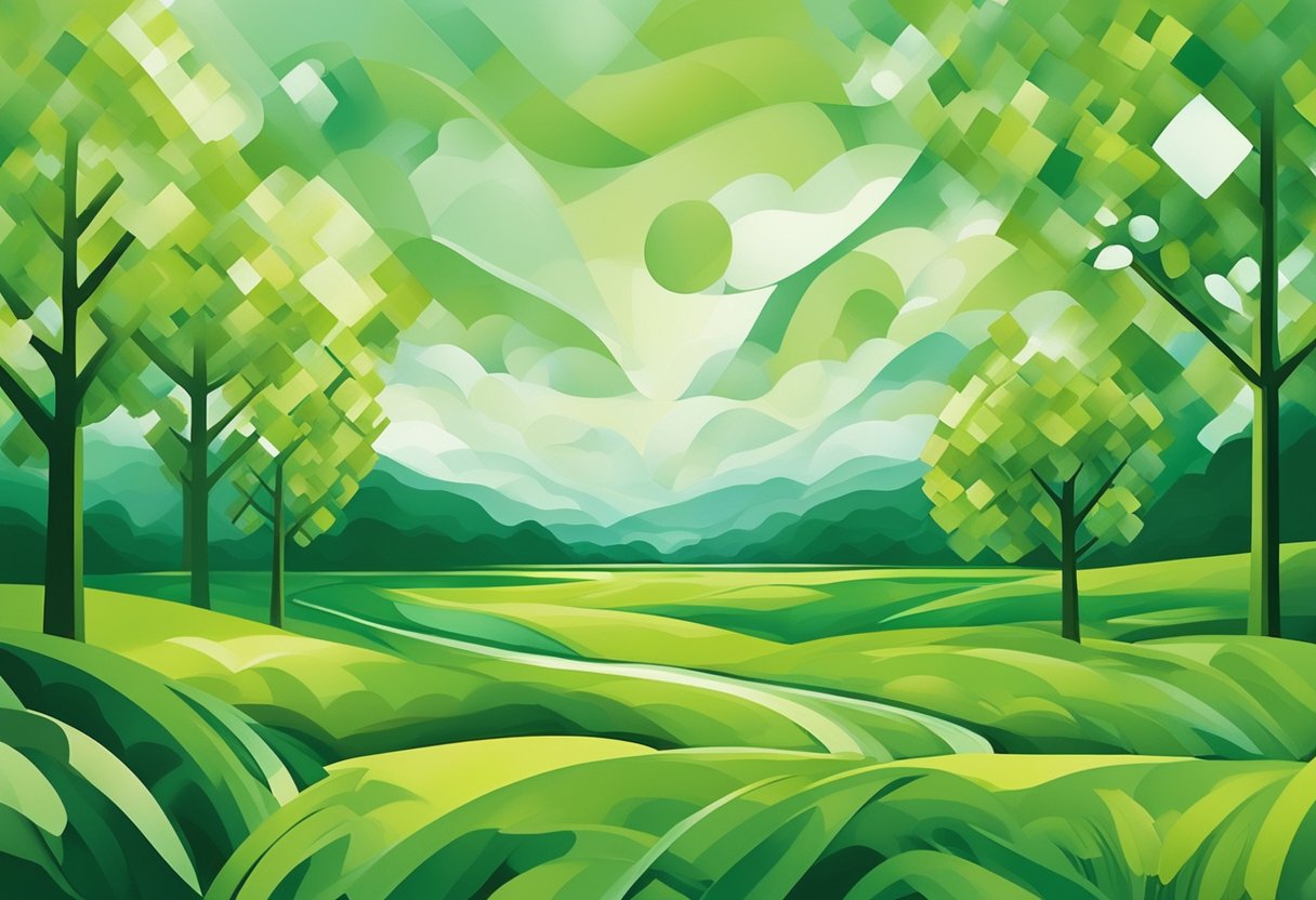 A lush green landscape with clean air and water, symbolizing environmental regulations. A ribbon or symbol representing cancer survivorship intertwined with the natural elements