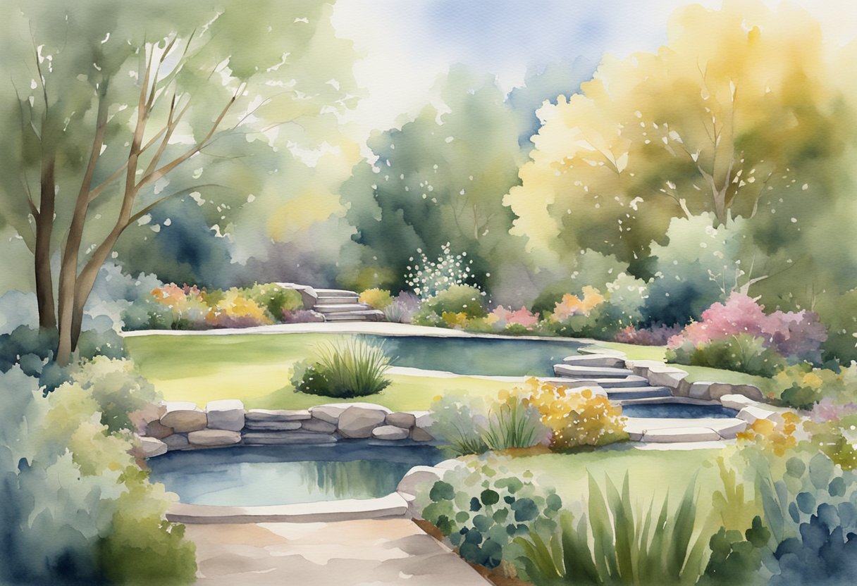 A serene setting with soft lighting and calming colors, featuring elements of nature and relaxation, such as a peaceful garden or tranquil water feature