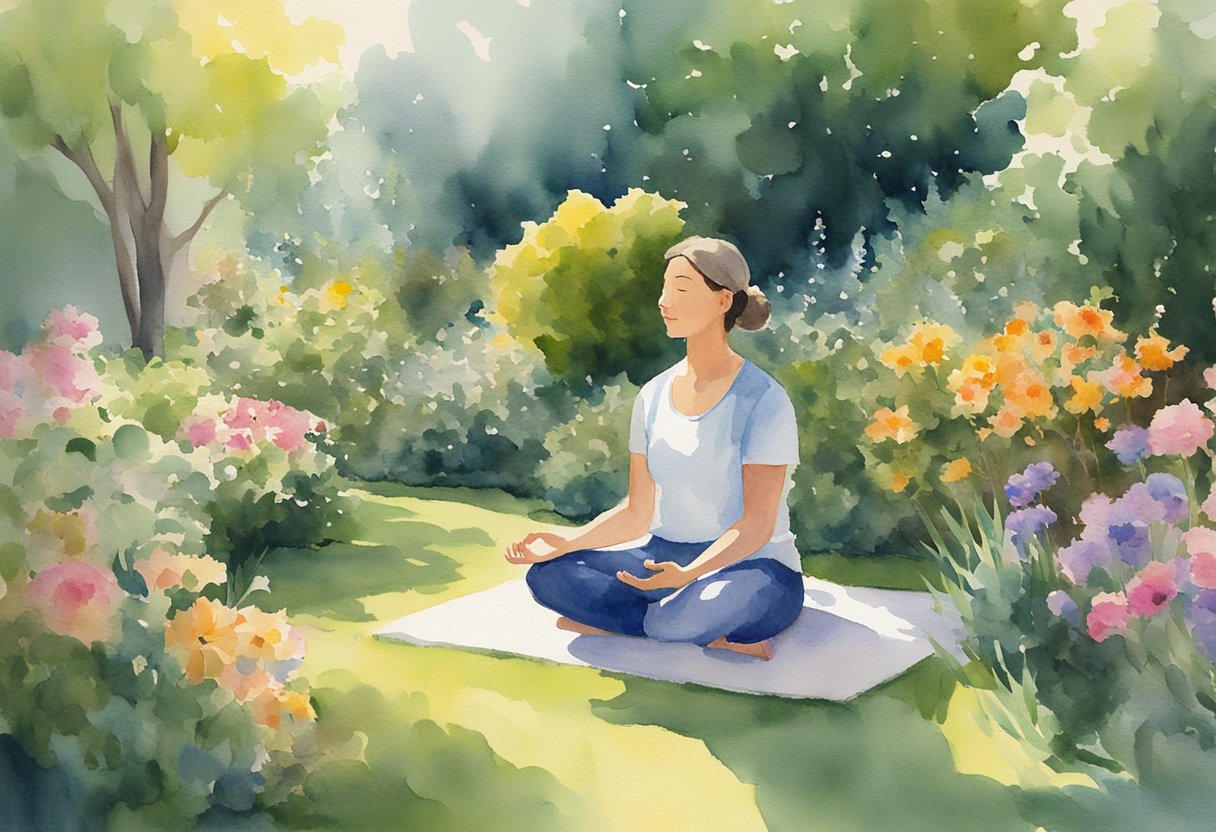 A person meditates in a peaceful garden, surrounded by vibrant flowers and calming greenery. The sun shines down, casting a warm glow on the scene, providing a sense of tranquility and relief from fatigue