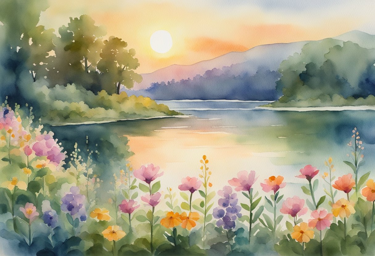 A serene natural setting with a calm lake, surrounded by lush greenery and colorful flowers. The sun is setting, casting a warm glow over the scene
