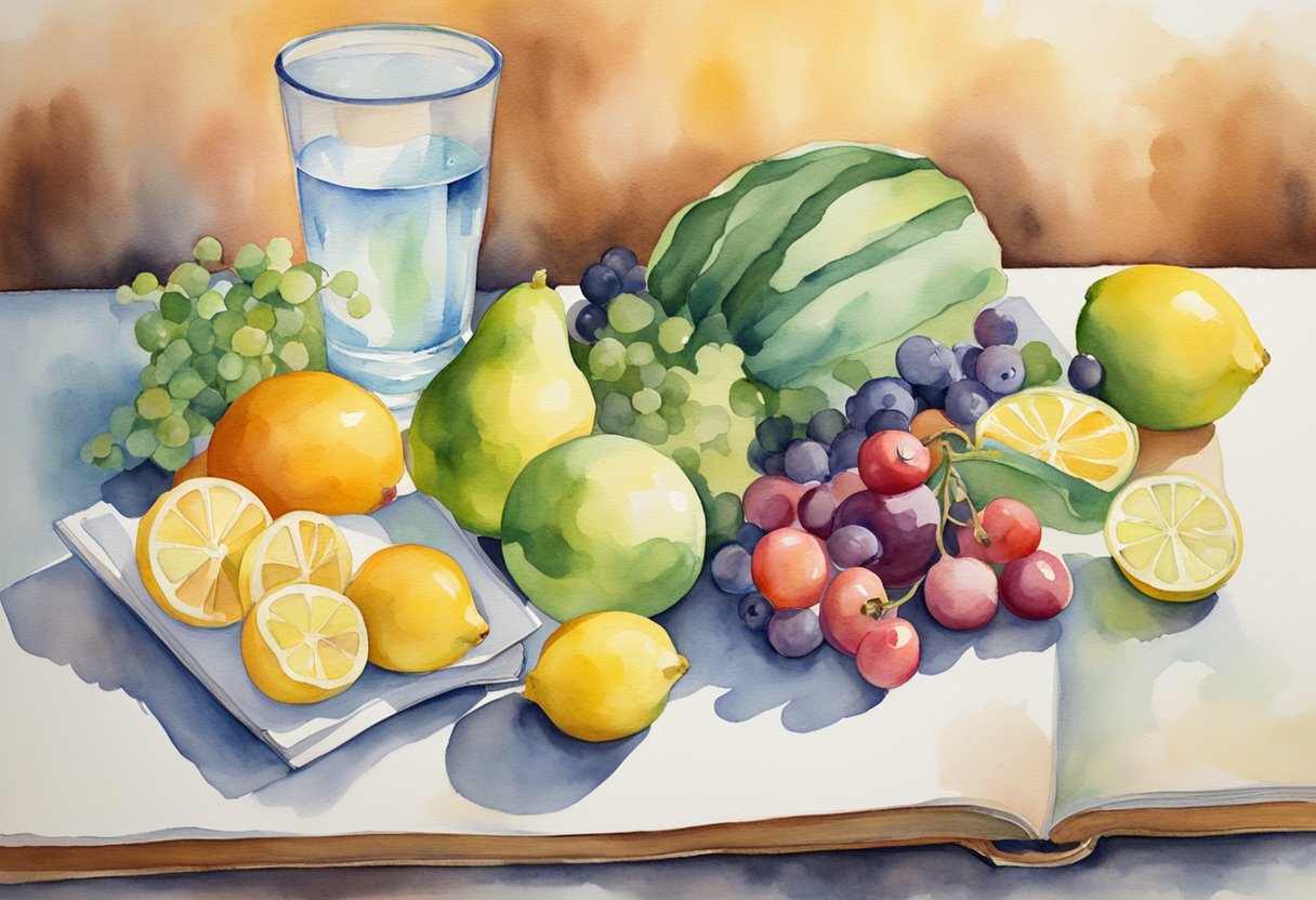 A table filled with colorful fruits, vegetables, and whole grains. A glass of water with lemon. A book titled "Nutritional Support for Energy Levels."