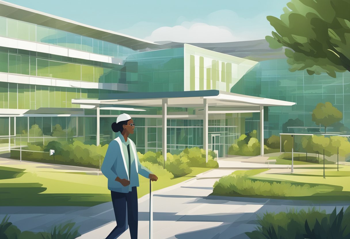 A modern hospital surrounded by green spaces, with solar panels on the roof. A cancer survivor walks out, smiling