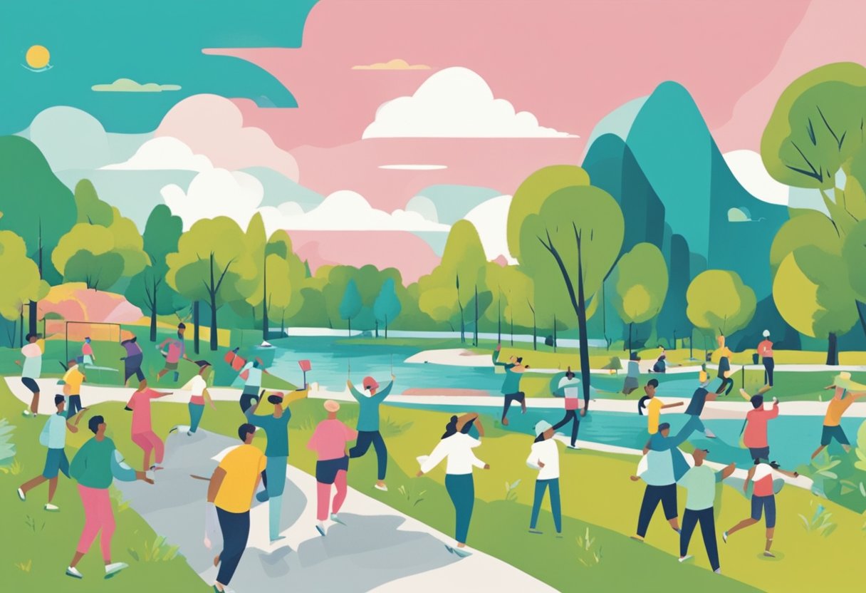 A peaceful park with clean air and water, surrounded by signs promoting healthy living and cancer prevention. A group of cancer survivors engage in outdoor activities, demonstrating the importance of public health and environmental regulations