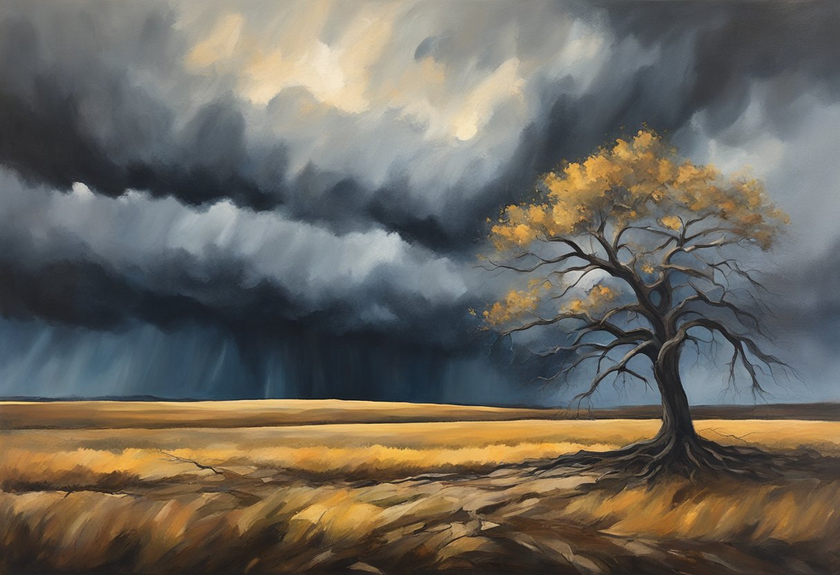 A single tree stands tall amidst a barren landscape, its roots reaching deep into the ground. Dark storm clouds loom overhead, but a faint ray of sunlight breaks through, casting a hopeful glow on the tree's resilient branches