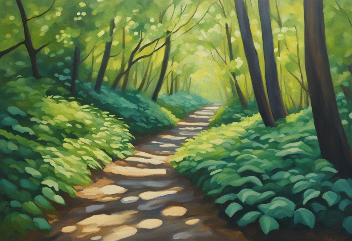 A winding path leads through a lush forest, with sunlight filtering through the canopy. A small stream trickles alongside, symbolizing the journey to posttraumatic growth and fostering resilience for a cancer thriver