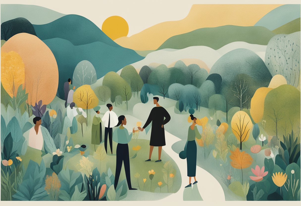 A group of diverse individuals engage in dialogue surrounded by nature, symbolizing collaboration and progress in environmental regulations and cancer survivorship