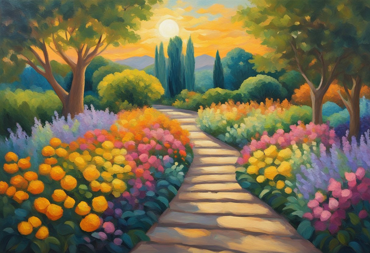 A serene landscape with a winding path leading through a lush garden, symbolizing growth and resilience. A vibrant sun shines overhead, casting a warm glow on the scene