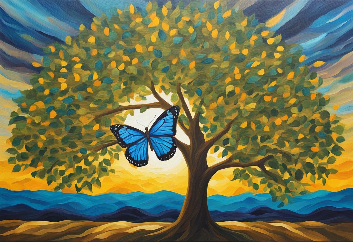 A tree with deep roots withstands a storm, symbolizing resilience. A butterfly emerges from a cocoon, representing transformation and growth. The sun shines brightly, signifying hope and positivity