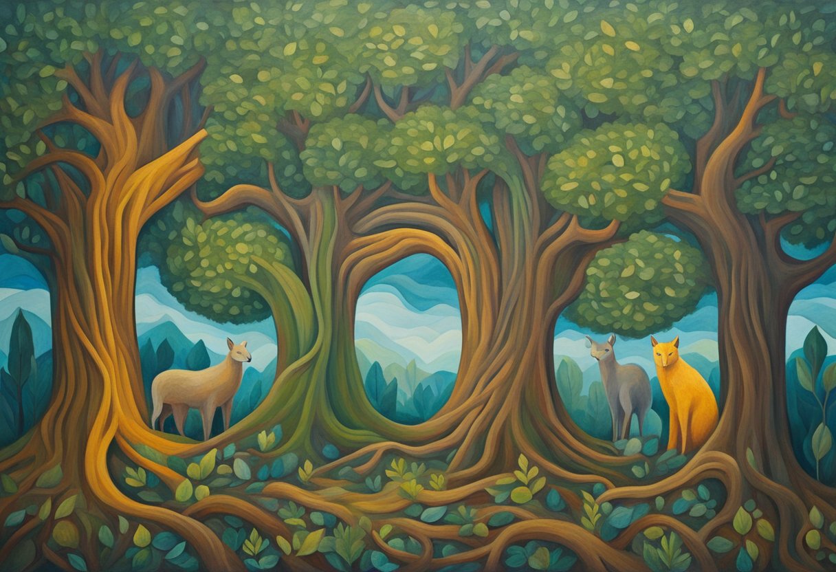 A group of diverse trees with intertwining roots, symbolizing support and resilience. Surrounding them, a variety of plants and animals representing a thriving community