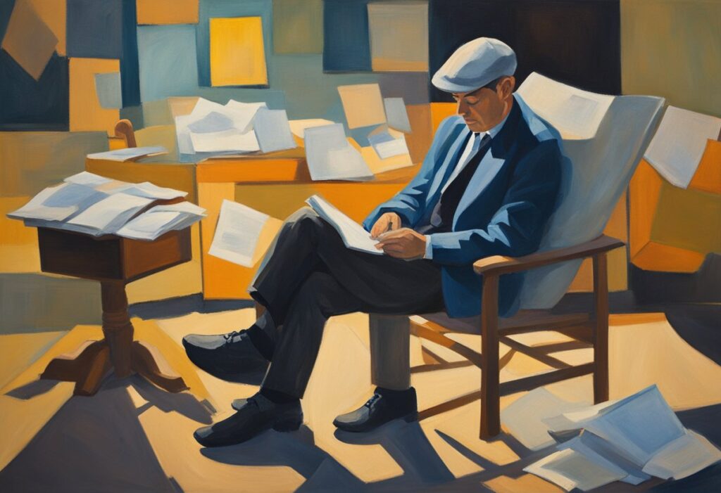 A person rests on a cozy chair, surrounded by scattered papers and a half-empty cup of tea. The dim light casts long shadows, highlighting the exhaustion in their posture