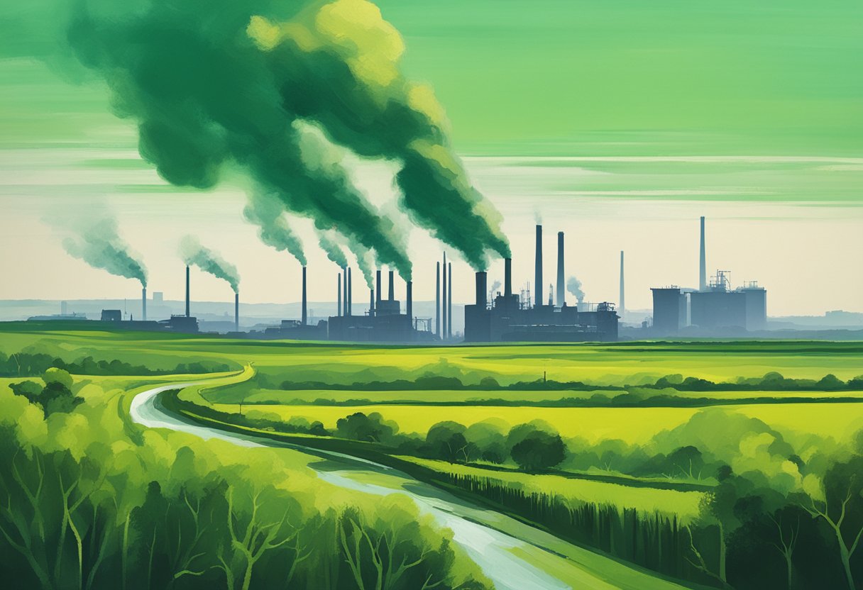 A clean, green landscape with clear skies and healthy vegetation, contrasting with a polluted, industrial area with smog and toxic waste
