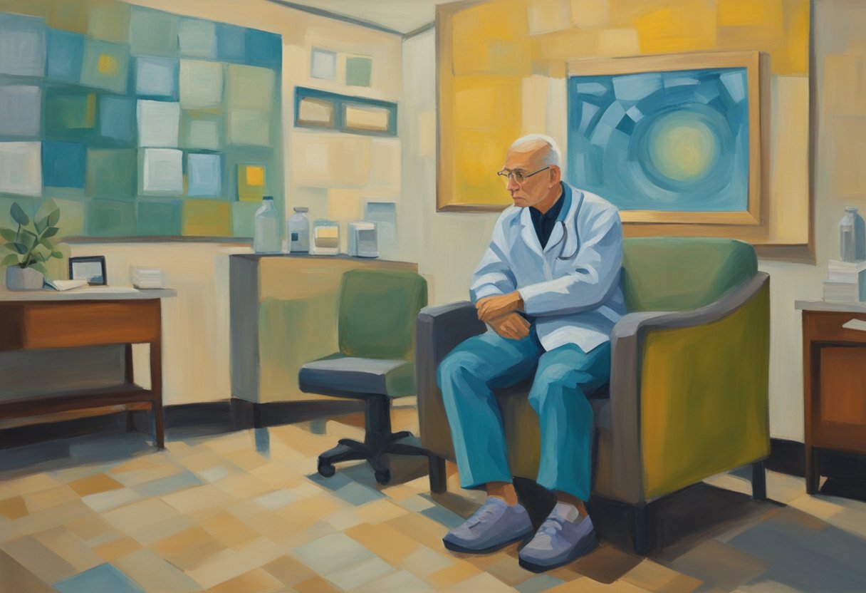 A person with cancer sits in a doctor's office, looking tired. The doctor assesses their cognitive function, discussing their diagnosis and treatment plan