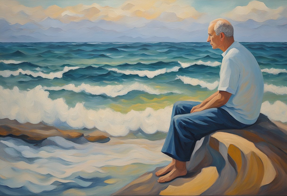 A serene figure sits with a thoughtful expression, surrounded by gentle waves of energy, representing the mental and physical fatigue experienced by cancer survivors