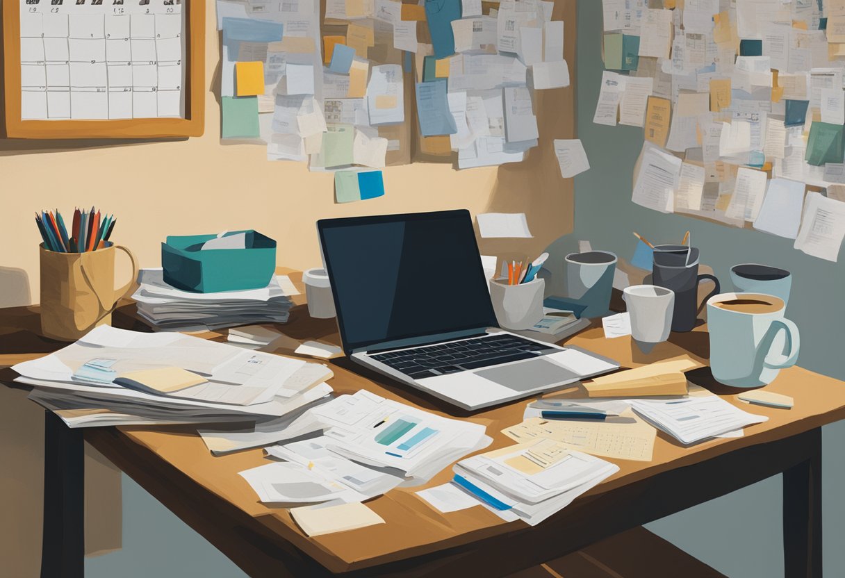 A cluttered desk with a laptop, scattered papers, and a half-empty coffee cup. A calendar on the wall shows a mix of work deadlines and doctor appointments