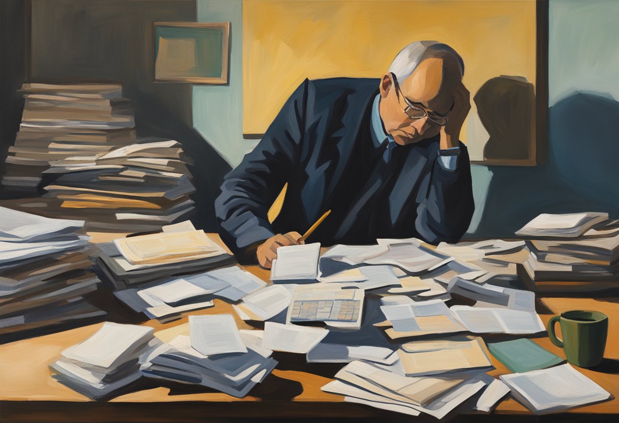 A person sits at a desk with a pile of work and a calendar, looking exhausted. A shadow looms over them, representing the challenge of maintaining work-life balance while dealing with the fatigue of being a cancer thriver