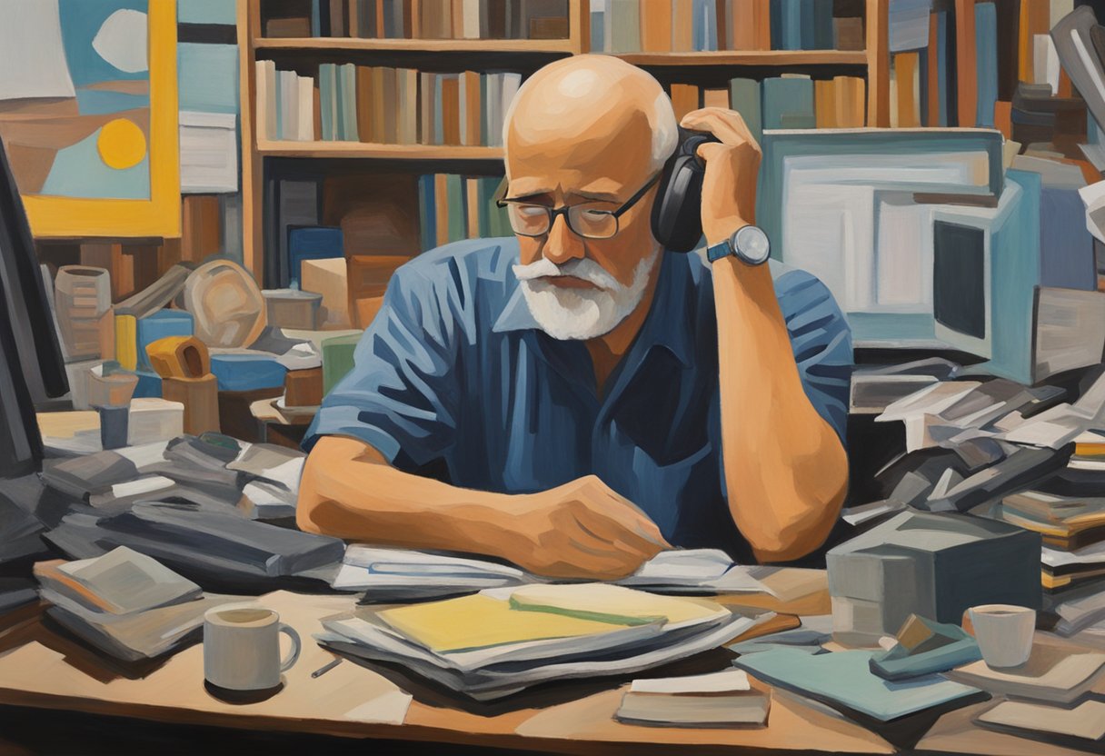 A cancer thriver sits at a desk, surrounded by work and personal responsibilities, looking fatigued and overwhelmed. The scene depicts the struggle to balance work and life while managing the effects of cancer treatment