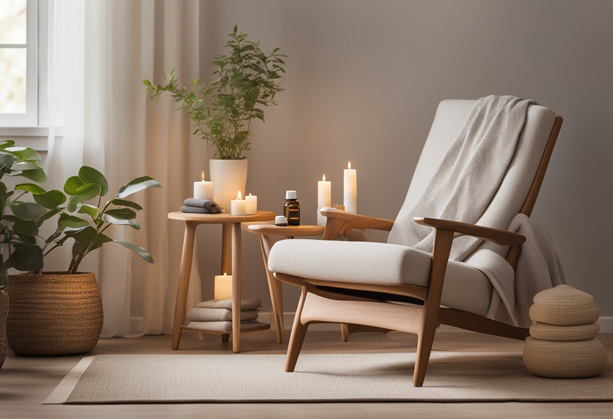 A serene setting with soft lighting, a comfortable chair, and a variety of complementary therapy tools such as essential oils, soothing music, and relaxation techniques