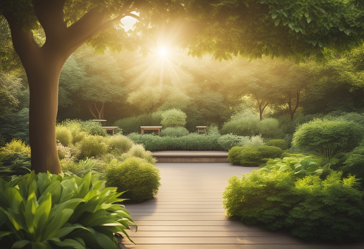 A peaceful garden with soft, warm sunlight filtering through lush greenery, creating a serene and calming atmosphere for relaxation and rejuvenation