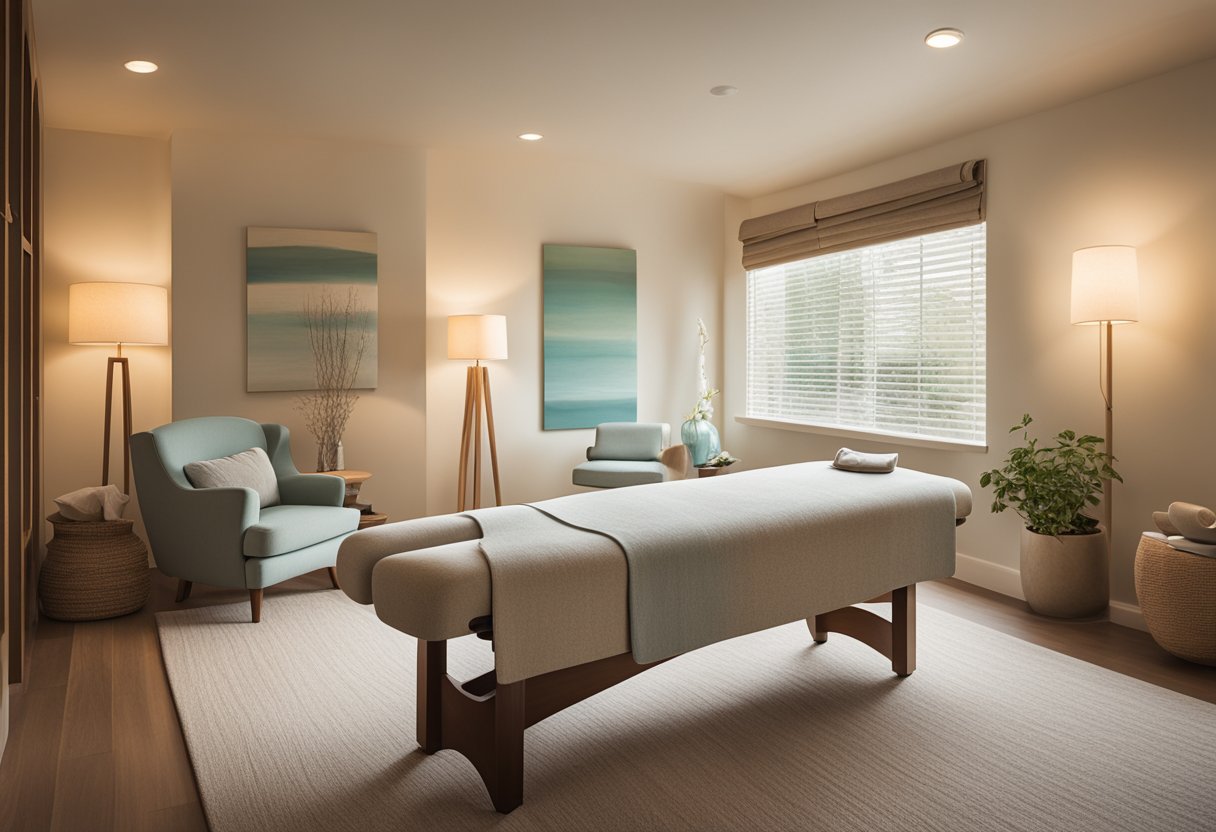 A serene setting with soft lighting and calming colors, featuring a comfortable space for relaxation and healing, such as a massage table or cozy chair