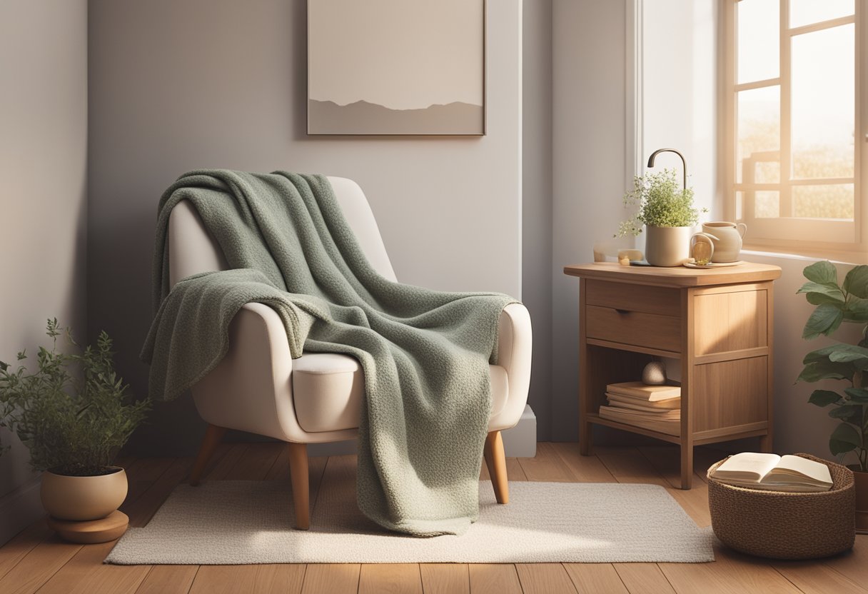 A cozy room with a warm, dim light. A comfortable chair with a soft blanket. A cup of herbal tea and a journal on a side table