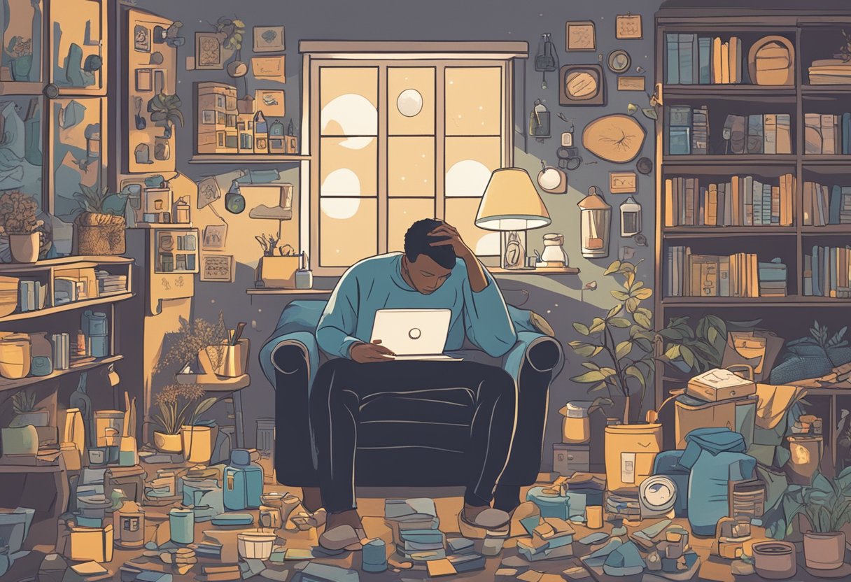 A person sitting in a dimly lit room, surrounded by scattered self-care items. A look of exhaustion on their face as they struggle to find the energy to tend to their needs