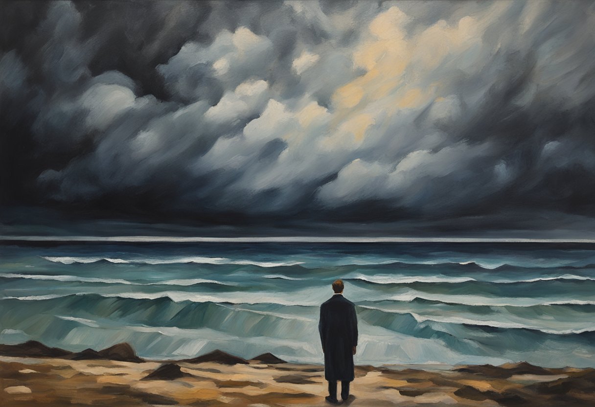 A figure stands tall, surrounded by dark clouds. Their expression is stoic, but their eyes show strength and resilience