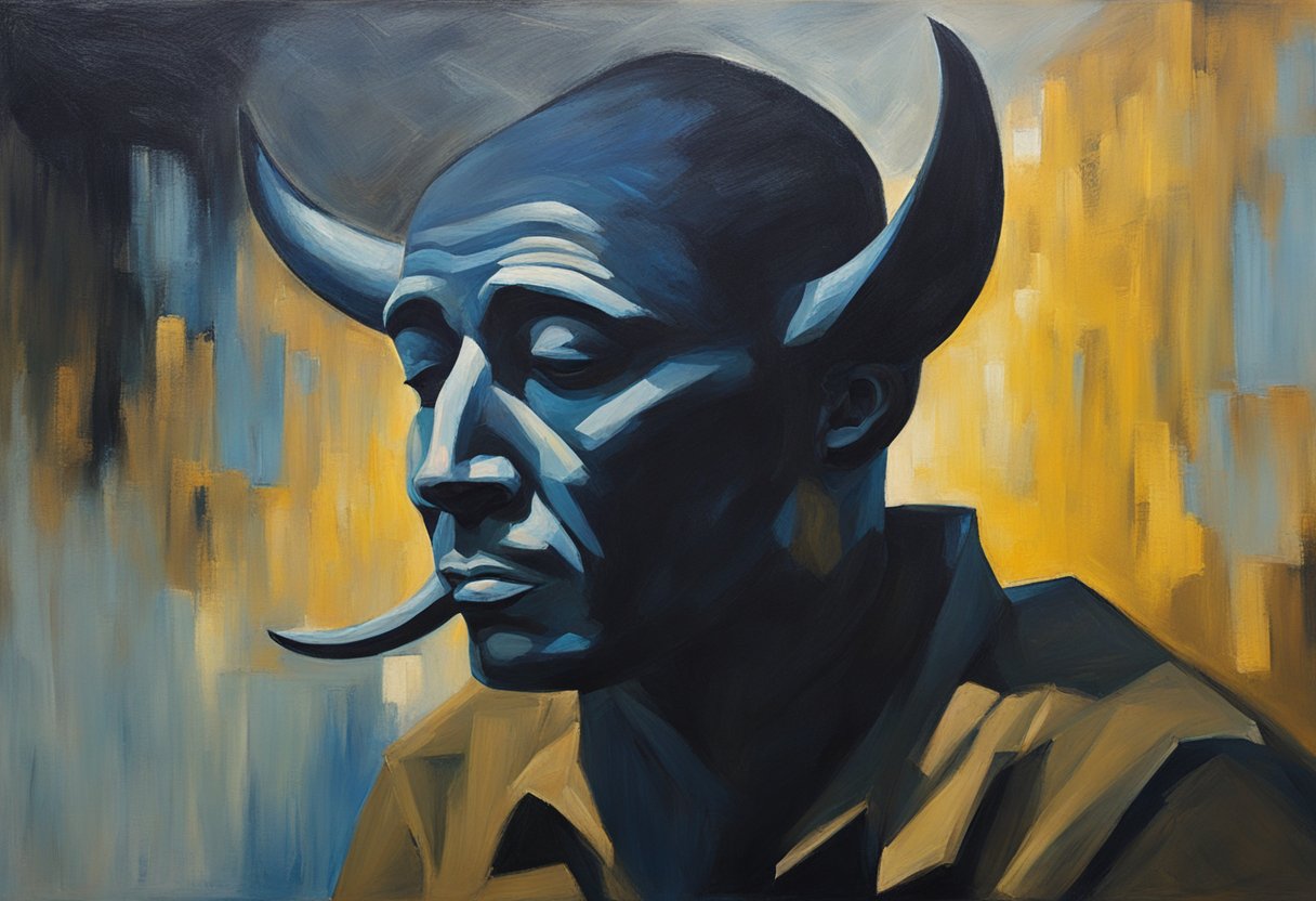 A figure sits in shadow, holding back tears. A devil whispers in one ear, while a ray of hope shines through the other