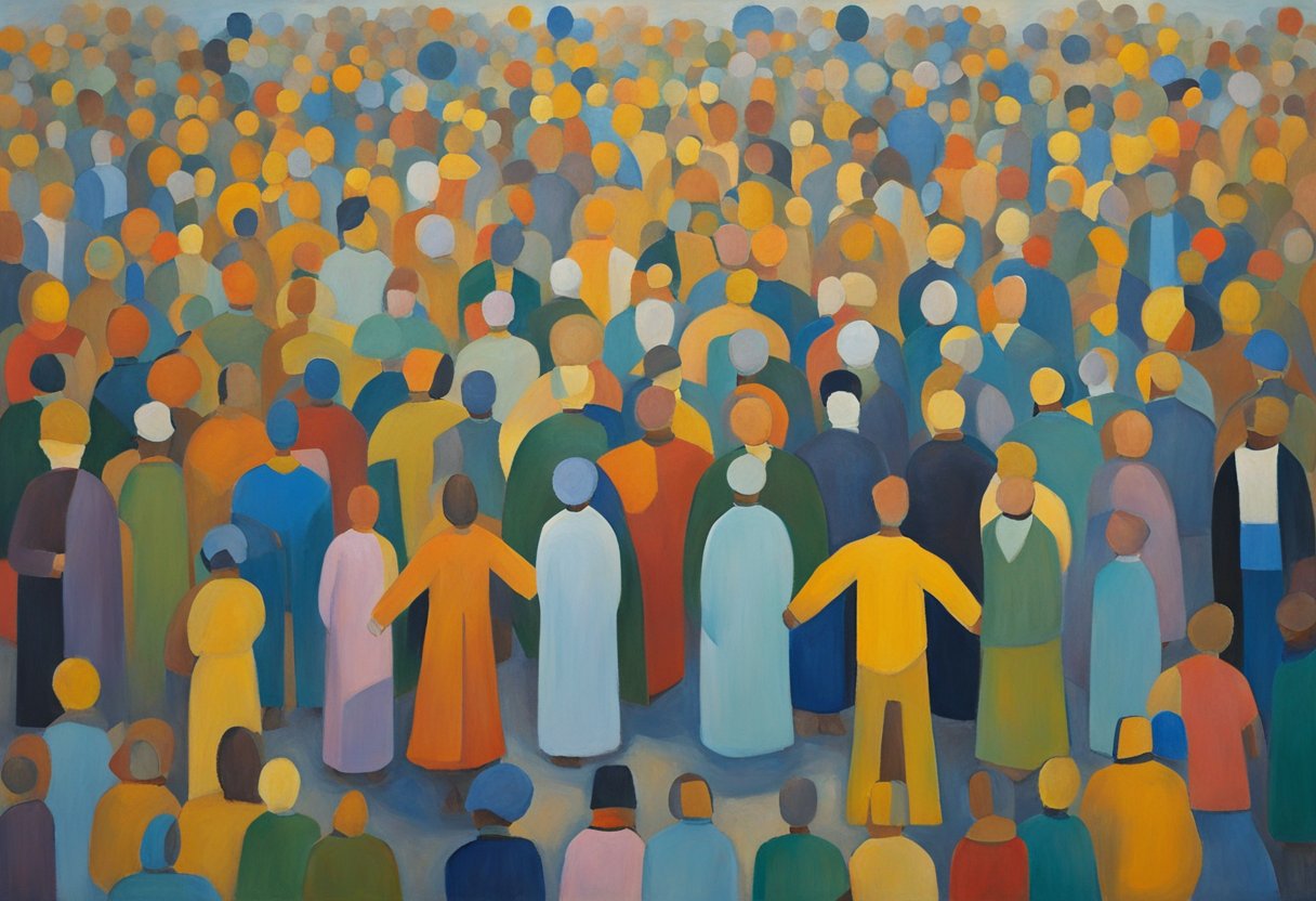 A circle of diverse figures surrounds a central figure, offering support. The central figure stands tall, but with a hint of emotional suppression