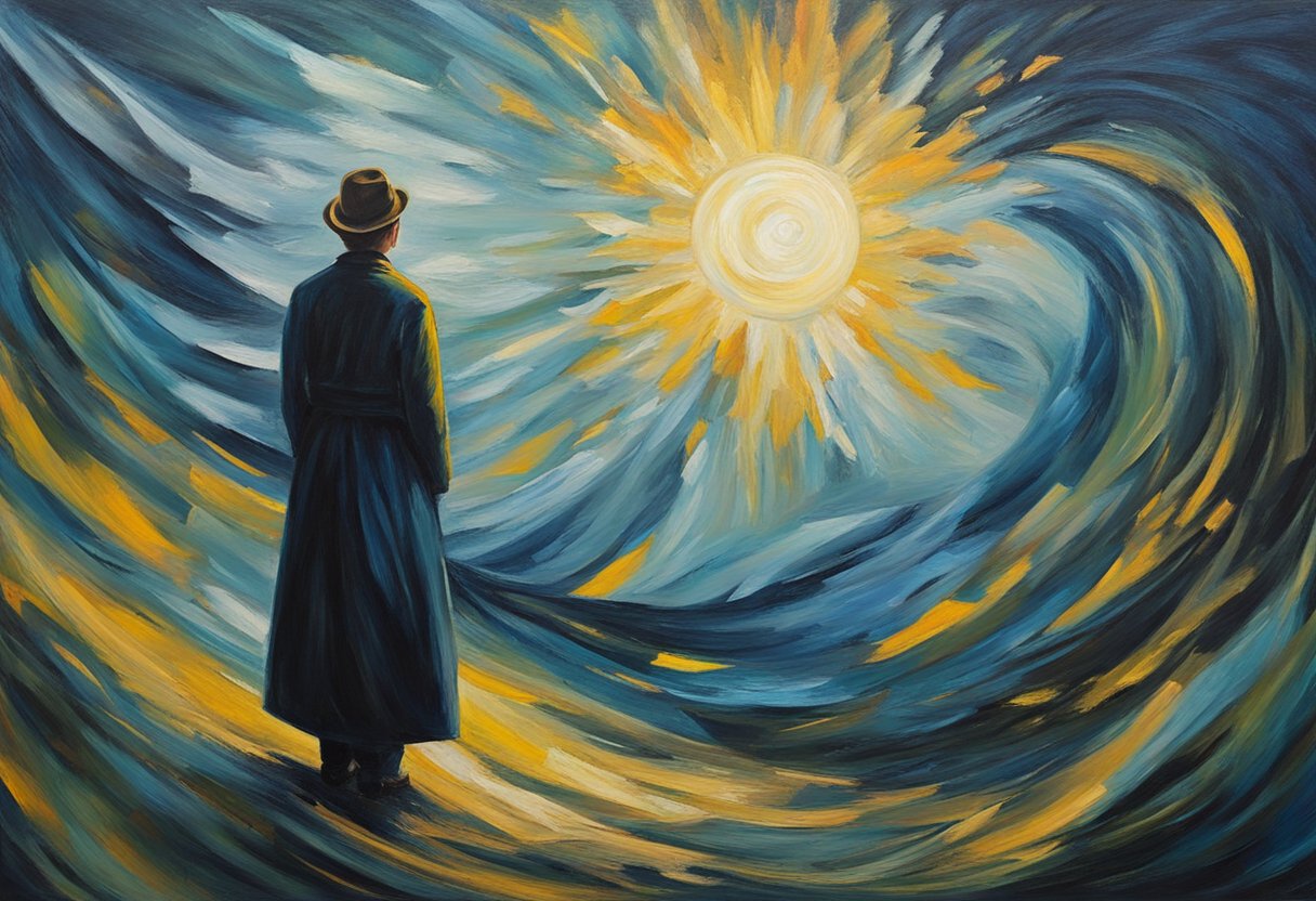 A figure stands strong, surrounded by swirling emotions. A beam of light pierces through the darkness, symbolizing resilience and hope