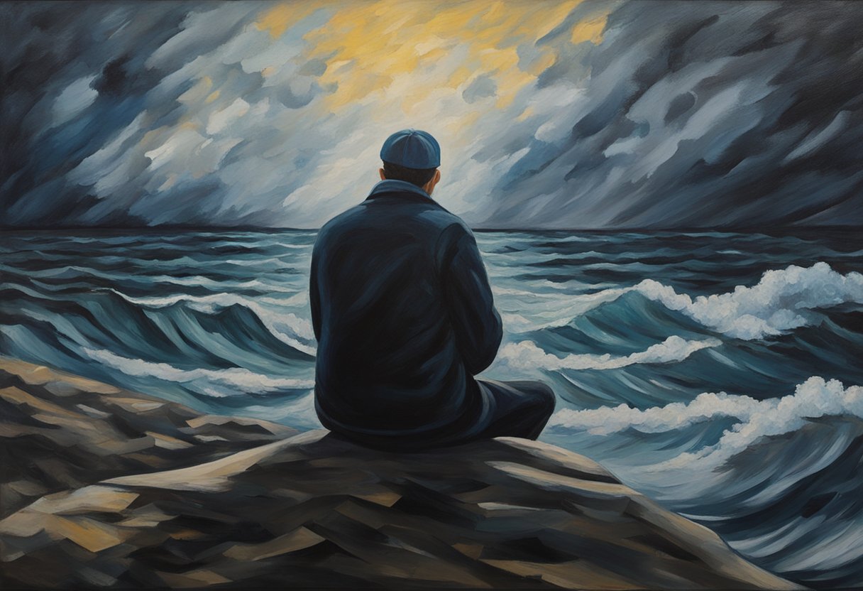 A person sits alone, head bowed, surrounded by a storm of emotions. A shadow looms over them, representing the weight of a cancer diagnosis and the struggle to suppress their overwhelming emotions