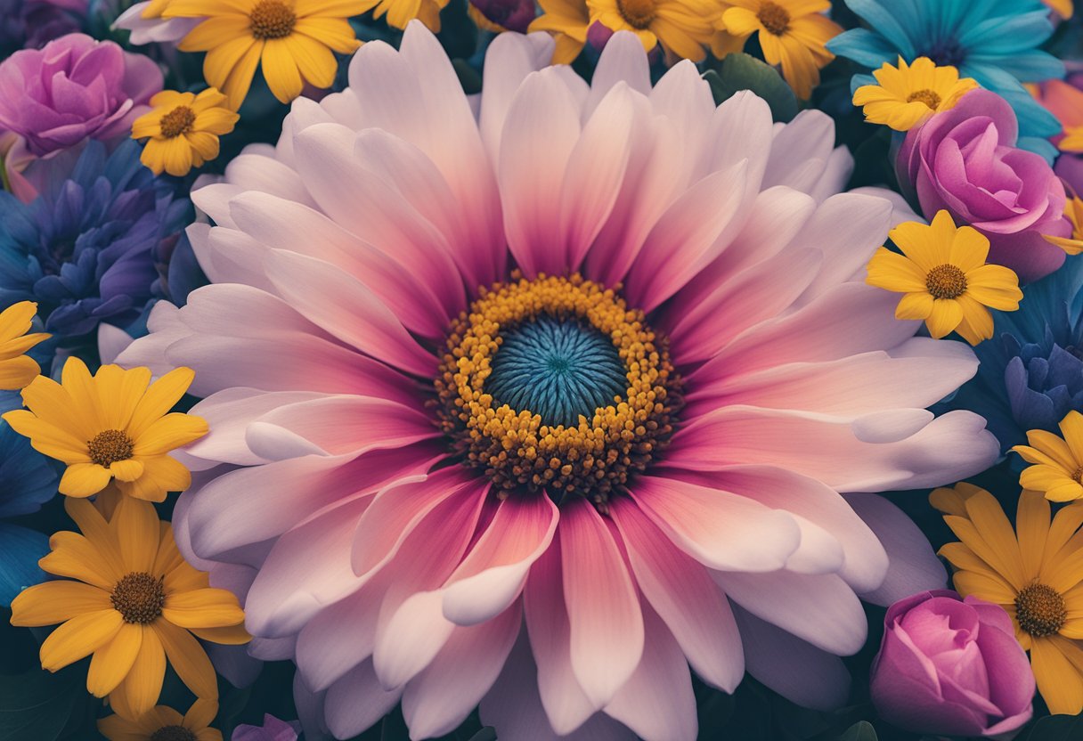 A wilted flower surrounded by vibrant blooms, symbolizing victim mentality and resilience in the face of adversity