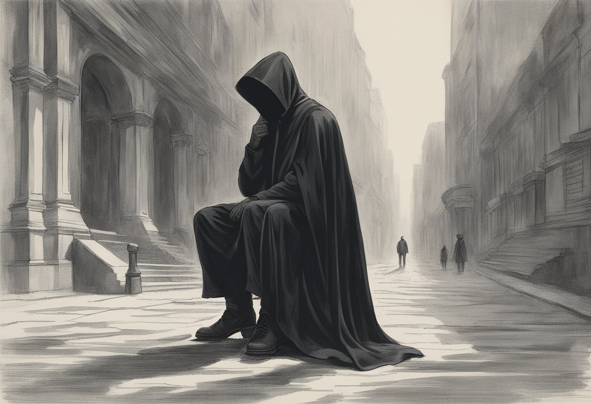 A figure stands tall, casting a shadow over a cowering form. The victim's body language exudes defeat, while the thriver exudes resilience and strength