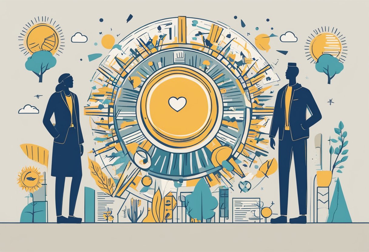 A person standing tall, surrounded by supportive symbols like a shield, a heart, and a sun, representing resilience and overcoming victim mentality