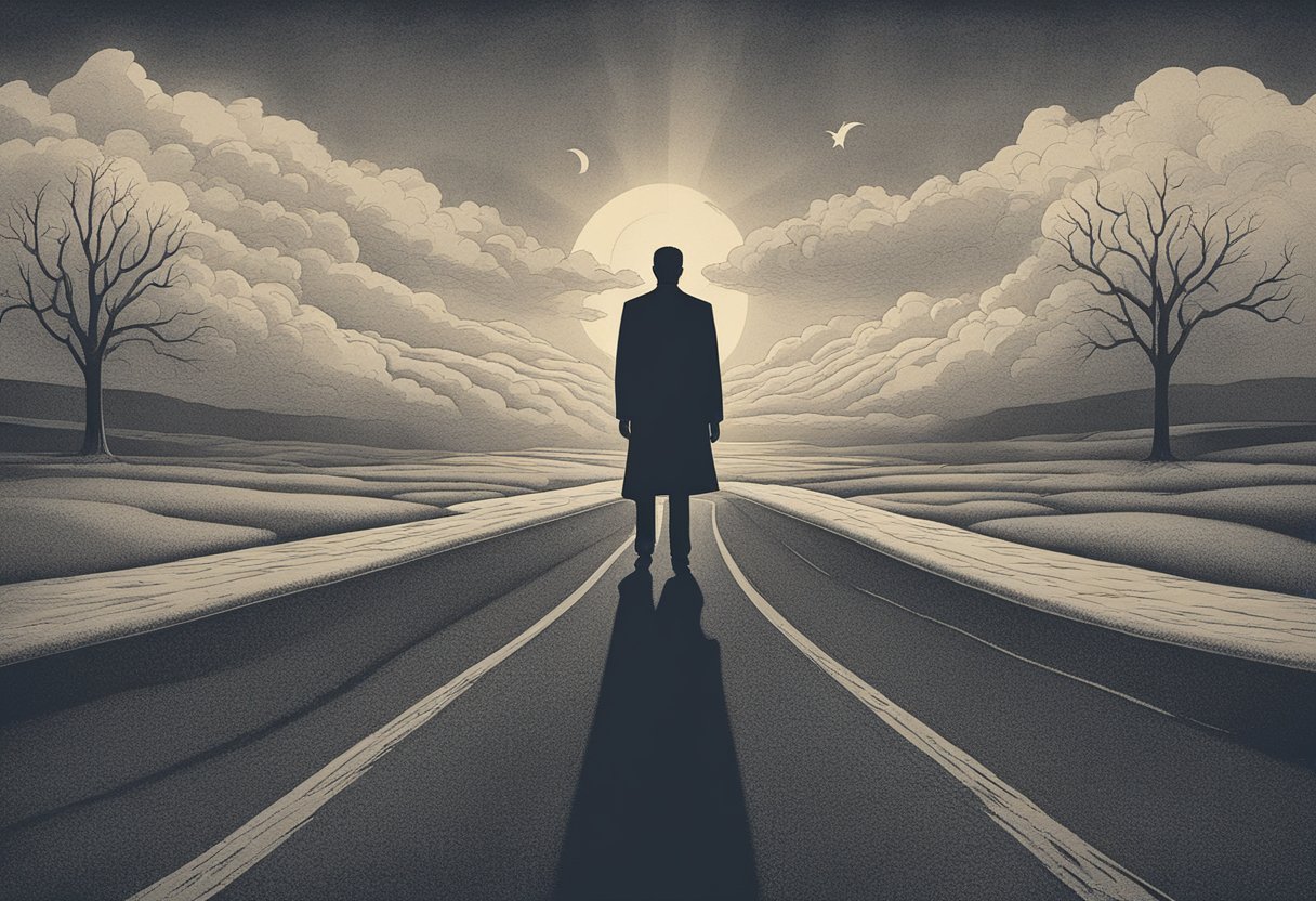 A figure stands at a crossroads, torn between two paths. One leads to victimhood, the other to resilience. The shadow of illness looms, but so does the light of hope