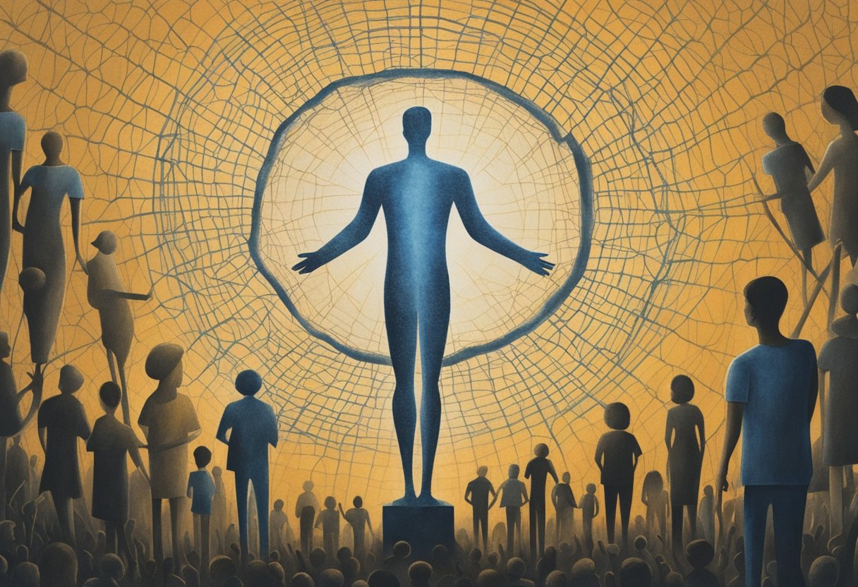 A figure stands tall amidst a crowd, radiating strength and resilience. They are surrounded by a web of interconnected relationships, representing the support and challenges of navigating society as a cancer thriver