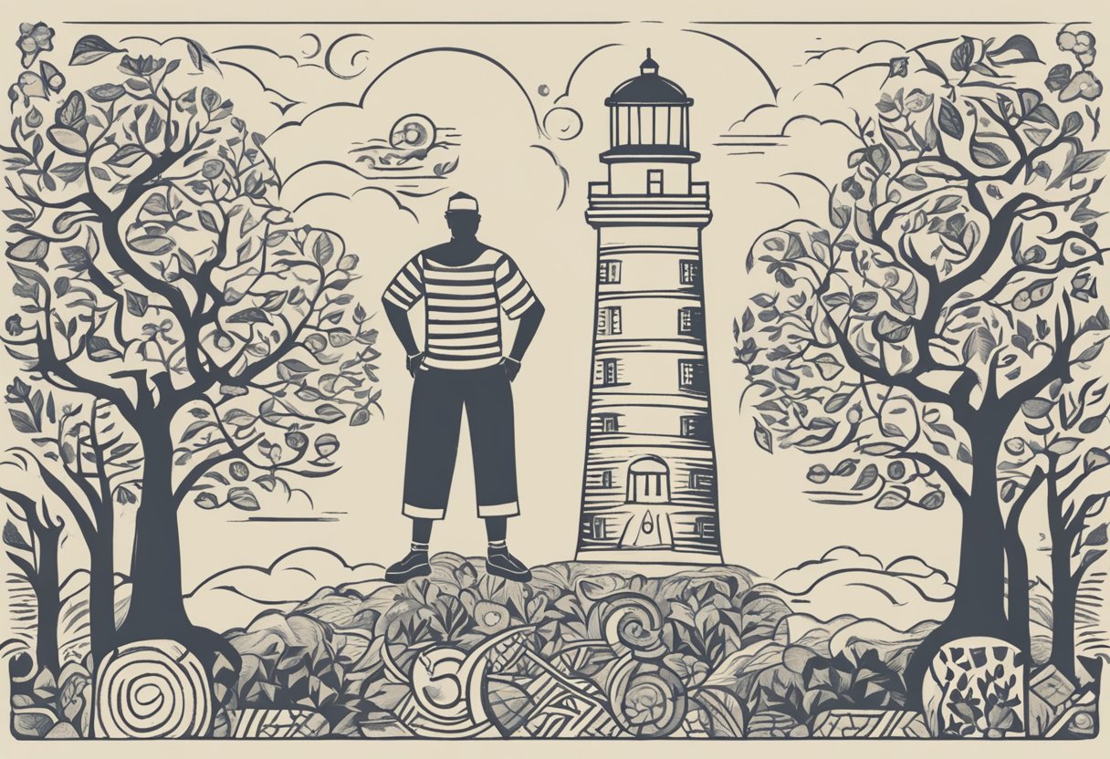 A person standing strong, surrounded by supportive symbols like a tree, a lighthouse, and a helping hand